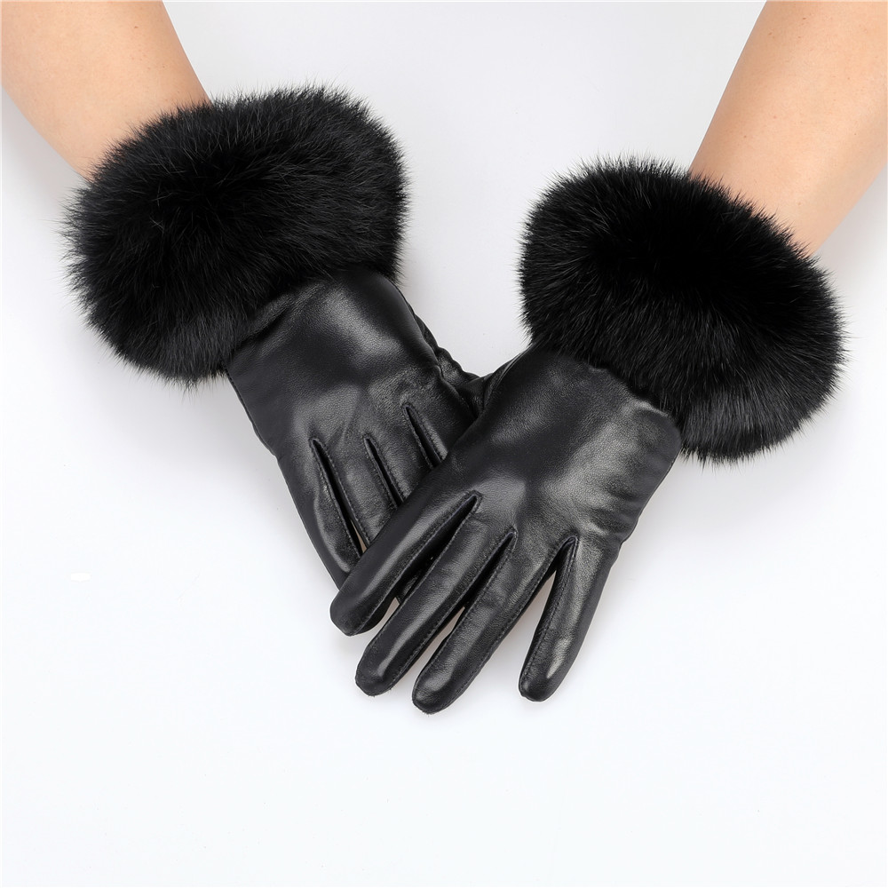 New Arrival hurtownia damskich rękawiczek z prawdziwej skóry owczej z mankietami z futra królika kobiece ciepłe rękawiczki rowerowe podszewka z polaru