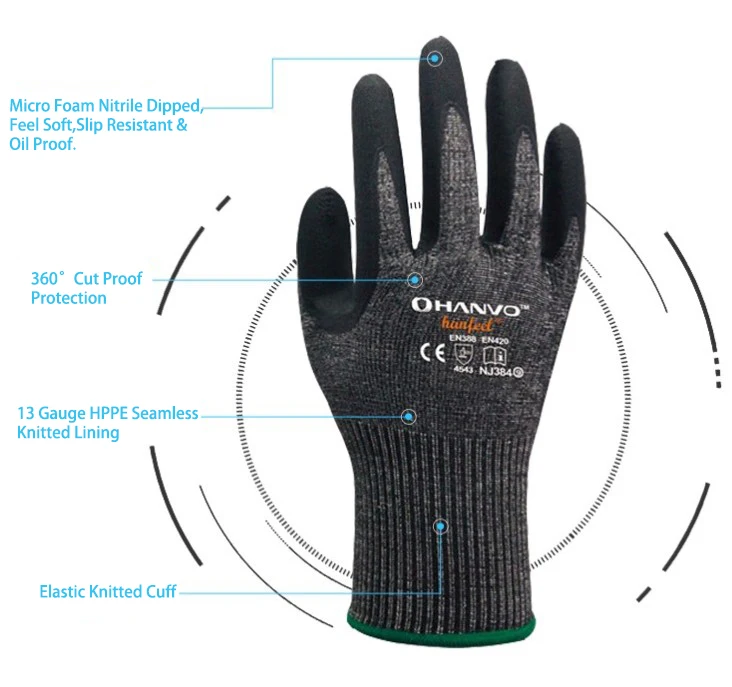 ANSI A4 ถุงมือทํางานทนต่อการตัด HPPE Micro Foam Nitrile Maxi High Flex Proof Glass Handling Butcher Safety Gloves