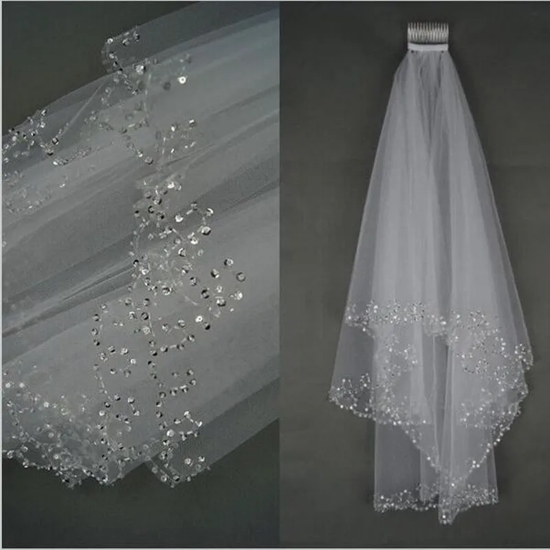 สีขาวงาช้างผู้หญิงเจ้าสาวผ้าคลุมหน้างานแต่งงาน 2 ชั้น 75 ซม.Handmade Sequins ขอบลูกปัดหวีอุปกรณ์เสริม 2024