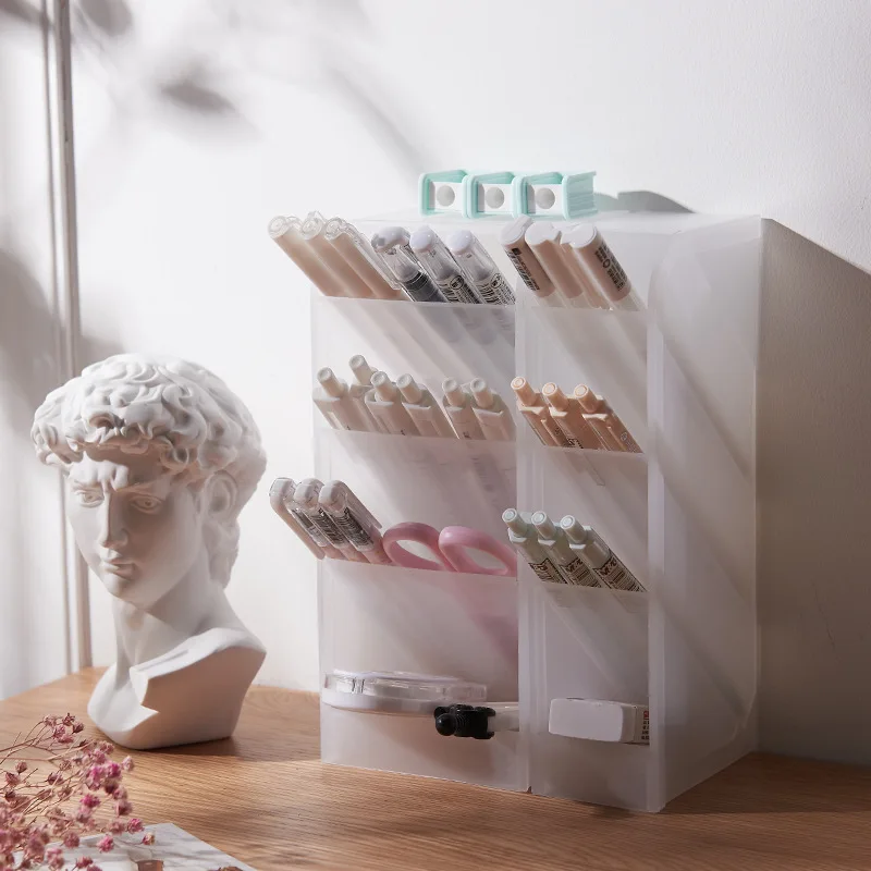 Creative Multifunctional 4 Grid Desktop Organizer ผู้ถือปากกาแต่งหน้ากล่องโรงเรียนอุปกรณ์สํานักงานเครื่องเขียน