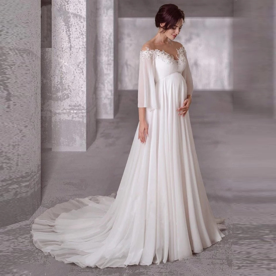 Customized Maternity Chiffon Wedding Dresses 2025 Long Sleeves Bohemian Pregnant Bridal Gowns Sweep Train Simple Robe De Mariage