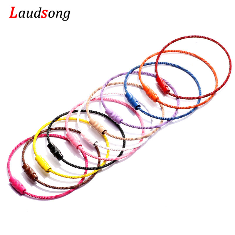 10pcs 다채로운 스테인레스 스틸 와이어 키 체인 케이블 루프 나사 잠금 로프 키 홀더 열쇠 고리 열쇠 고리 반지 야외 도구