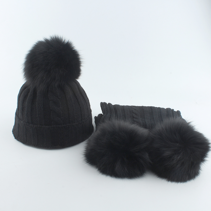 Set cappello e sciarpa con pompon in vera pelliccia di volpe per bambini Cappello invernale per bambina carina in pile all'interno di 3 berretti con pompon