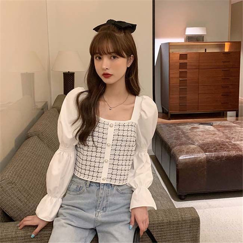 Kemeja Lengan Panjang Korea Kerah Persegi Mode Kotak-kotak Tambal Sulam Wanita Atasan Kasual Cantik Blus Streetwear Wanita