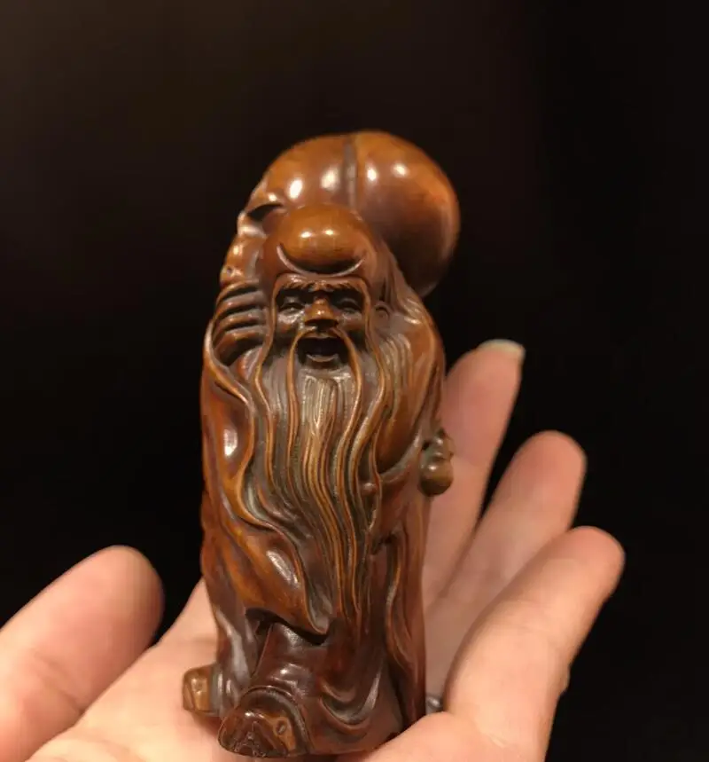 Ukiran Tangan Tiongkok Boxwood Archaize Patung Kerajinan Kecil Buddha Umur Panjang