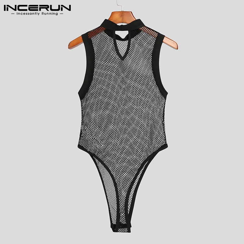 INCERUN 2023Männer Body Mesh Patchwork Durchsichtig Sexy Ärmellose Dünne Strampler Unterwäsche Dünne Mode Männlichen Bodys S-5XL