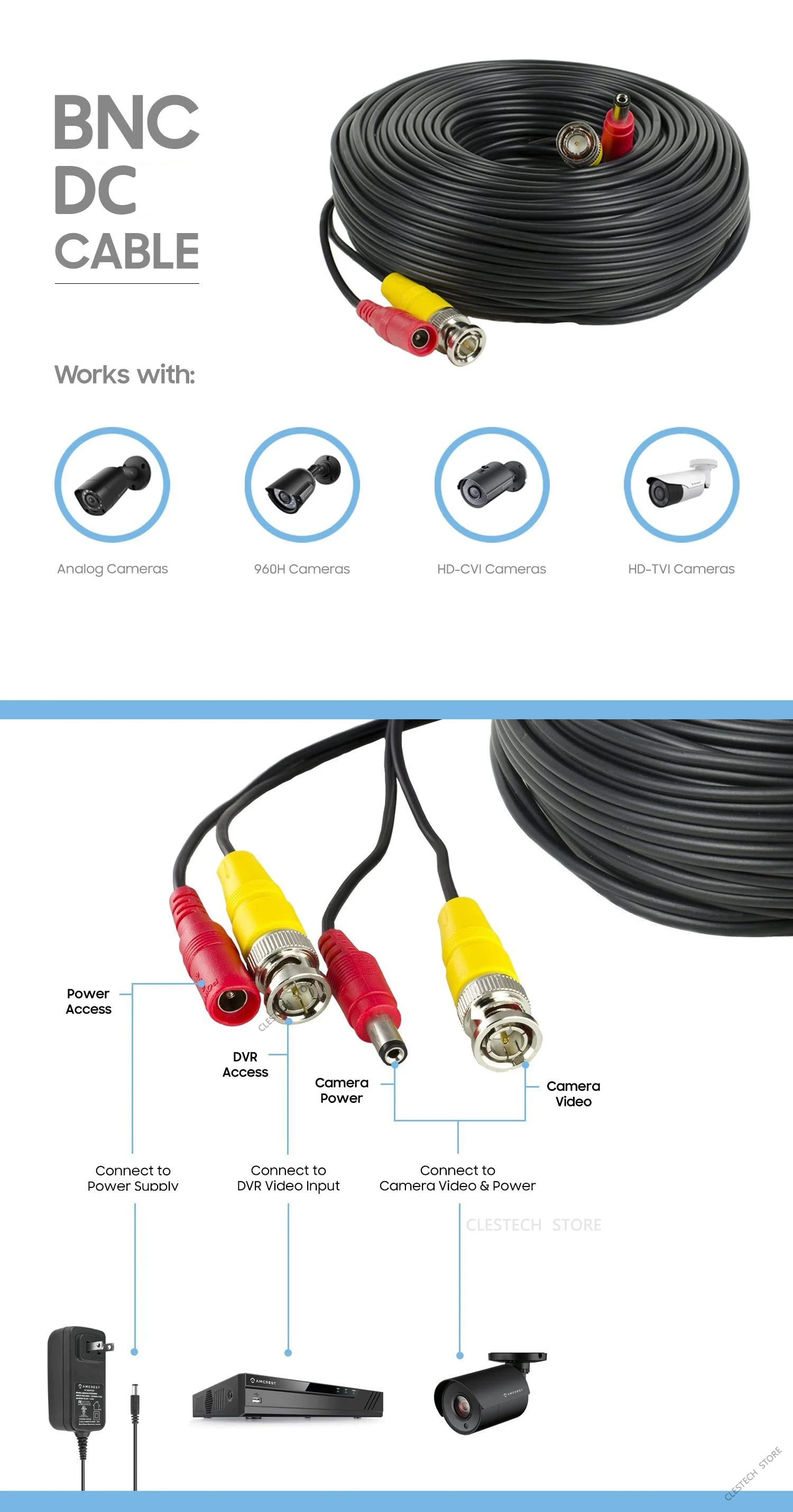 Alta qualidade todo o cobre ahd cctv cabo 5m 10m 15m 20m 30m 50m vídeo + potência hd estender fios extensão com bnc + dc 2in1