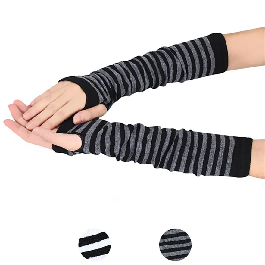 Frauen Langarm Gothic Gestreiften Fingerlose Arm Wärmer Gestrickte frauen Casual Einfarbig Mode Handschuhe Punk Arm Zubehör