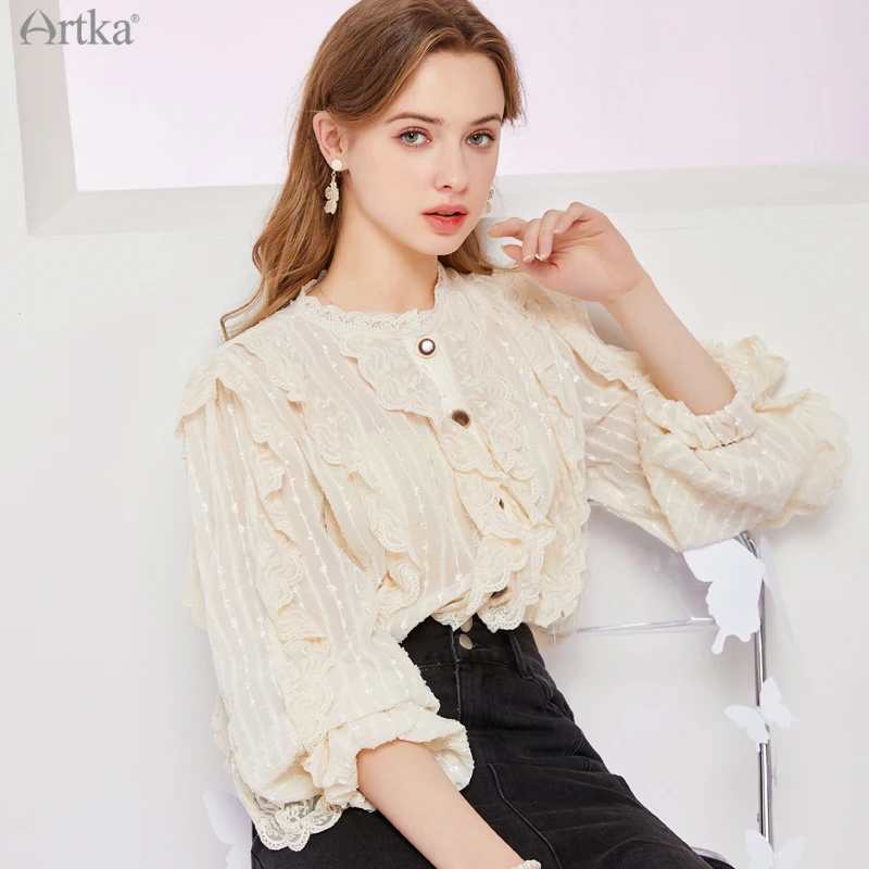 ARTKA-우아한 레이스 궁전 스타일 블라우스 화이트 셔츠 SA28012C, 레이스 프릴 랜턴 슬리브, 2021 봄 신제품
