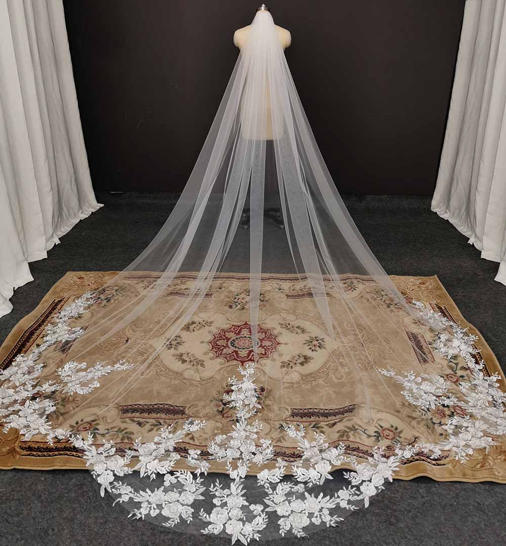 Véu de casamento vintage personalizado de alta qualidade, 3.5m de comprimento, corte especial, véu de noiva real com pente, lantejoulas brilhantes, véu de renda