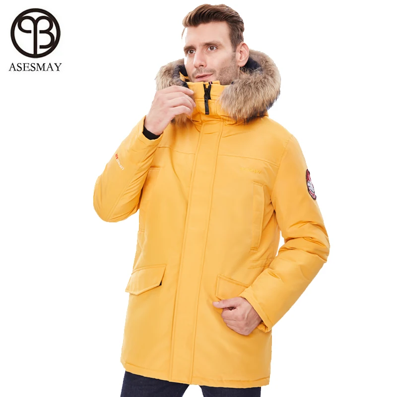 Asesmay ผู้ชายฤดูหนาวเสื้อแจ็คเก็ต Parka กับ Raccoon FUR Hood Coat หนาปักเป้า ORANGE แจ็คเก็ตที่ถอดออกได้ Suspenders PLUS ขนาด