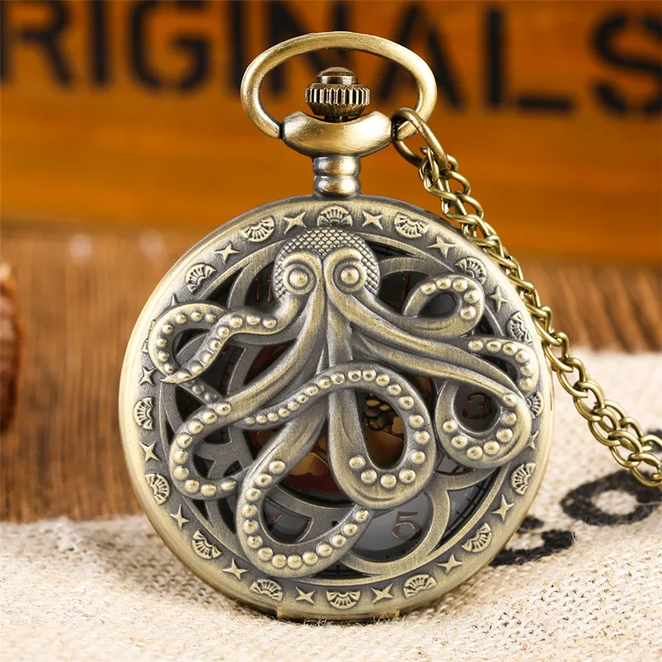 Retro Bạch Tuộc Rỗng Nửa Thợ Săn Thạch Anh Đồng Hồ Bỏ Túi Vintage Xám/Vàng Đồng Mặt Vòng Cổ Đồng Hồ Cho Trẻ Em Nam Nữ Reloj