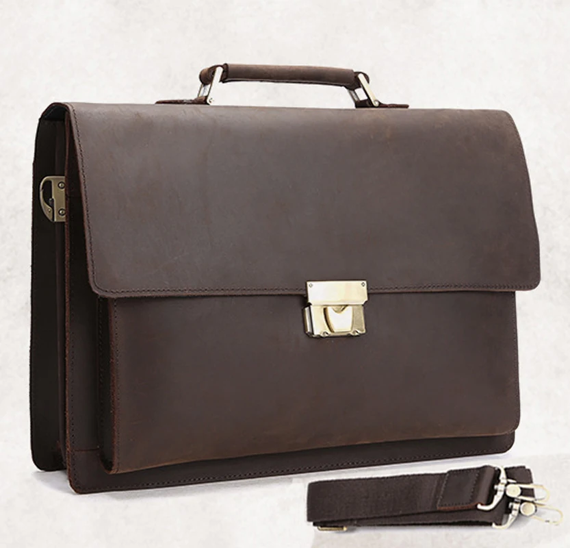 Vintage Genuine Leather Business Briefcase Men Leather 14"inch laptop Bag Tote attache case with coded lock Handbag Shoulder bag