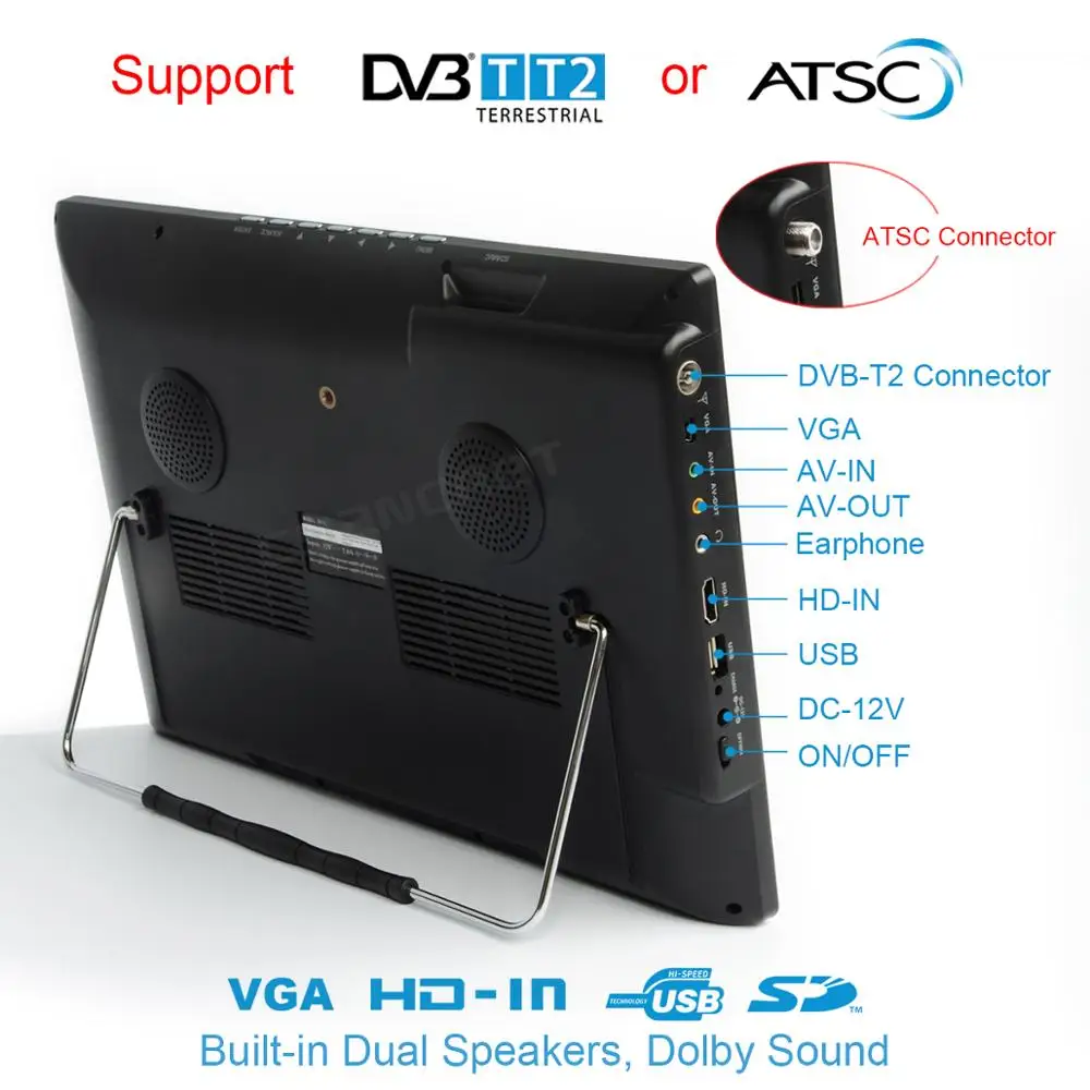 LEADSTAR D14 14นิ้ว HD แบบพกพา DVB-T2 ATSC Digital Analog โทรทัศน์ขนาดเล็กรถสนับสนุนทีวี MP4 AC3 HDin สำหรับ PS4