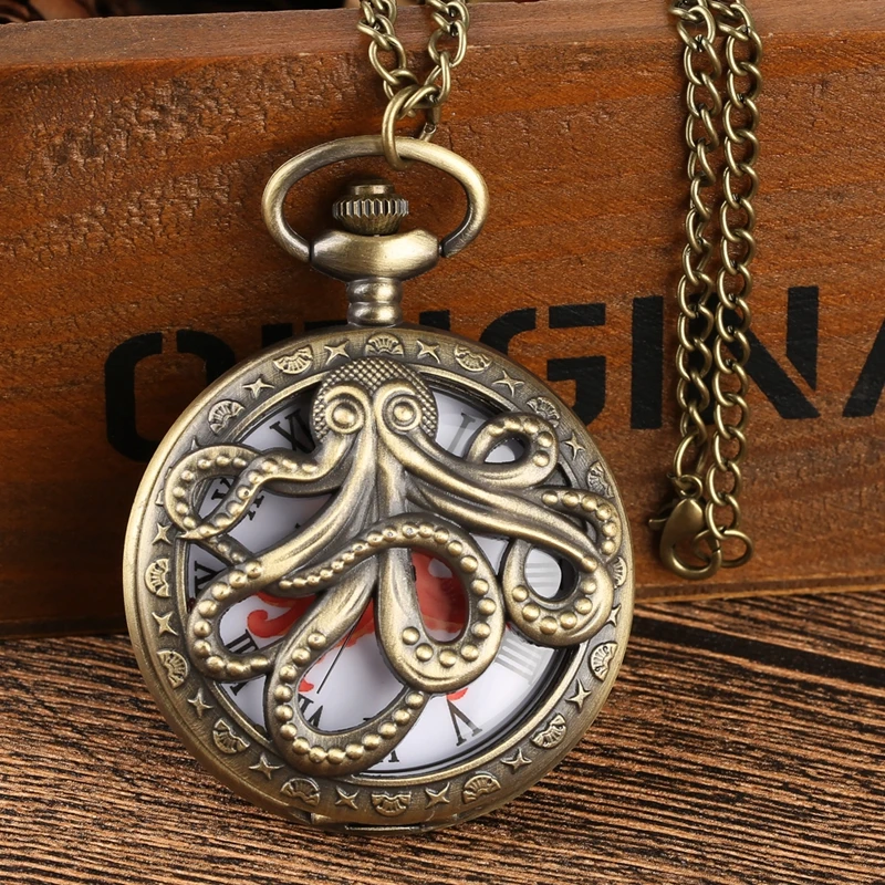 3 Loại Retro Bạch Tuộc Rỗng Bao Thạch Anh Đồng Hồ Bỏ Túi Vàng Đồng Mặt Vòng Cổ Đồng Hồ Handmade Lưu Niệm Quà Tặng Dành Cho Nam Nữ Reloj