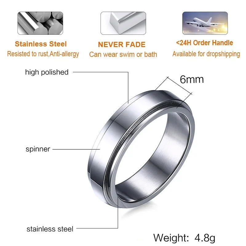 Vnox Personalisierter Spinner-Ring für Männer und Frauen, 6 mm Edelstahl, drehbarer Ehering, individueller Name, Datum, Initiale, männlicher Schwanzring