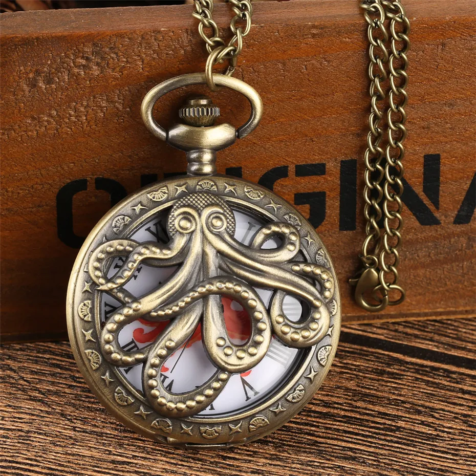 Retro Bạch Tuộc Rỗng Nửa Thợ Săn Thạch Anh Đồng Hồ Bỏ Túi Vintage Xám/Vàng Đồng Mặt Vòng Cổ Đồng Hồ Cho Trẻ Em Nam Nữ Reloj