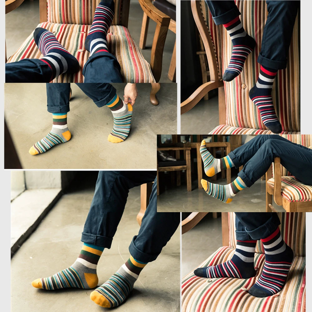 Calcetines casuales para hombre Raya cromática Cinco pares de calcetines Hombre con el diseño final Ropa Estilo de diseñador de moda Algodón Sin caja