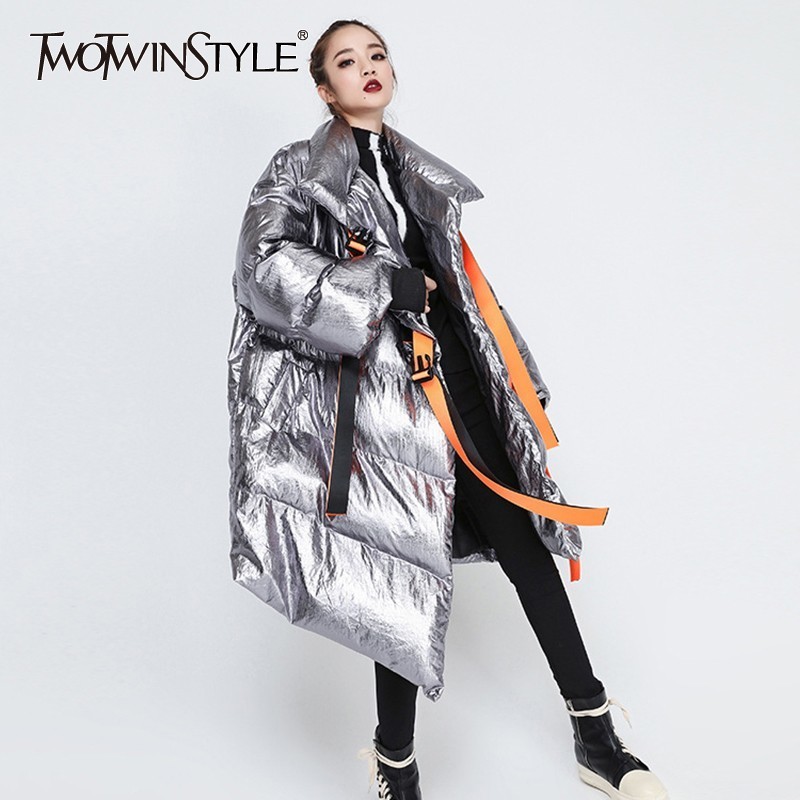 TWOTWINSTYLE Winter frauen Unten Jacke Langarm Patchwork Bänder Unregelmäßigen Baumwolle Mäntel Weibliche 2020 Herbst Plus Dicke Warme