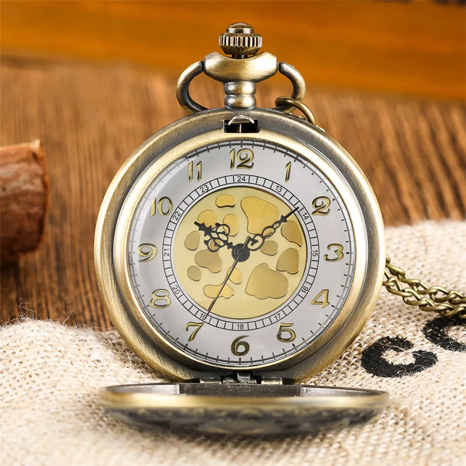 Retro Bạch Tuộc Rỗng Nửa Thợ Săn Thạch Anh Đồng Hồ Bỏ Túi Vintage Xám/Vàng Đồng Mặt Vòng Cổ Đồng Hồ Cho Trẻ Em Nam Nữ Reloj