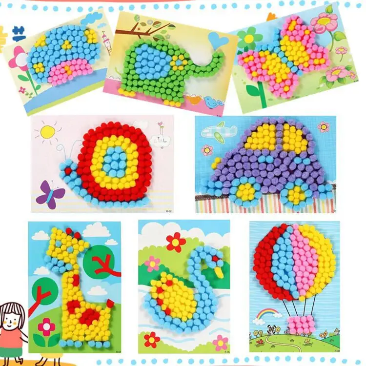 2 ชิ้น/เซ็ตเด็ก Plush Ball ภาพวาดสติกเกอร์ DIY ทําด้วยมือวัสดุของเล่นเพื่อการศึกษาเด็กการ์ตูนปริศนาหัตถกรรมของเล่น