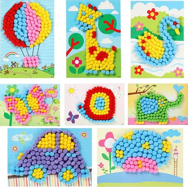 2 ชิ้น/เซ็ตเด็ก Plush Ball ภาพวาดสติกเกอร์ DIY ทําด้วยมือวัสดุของเล่นเพื่อการศึกษาเด็กการ์ตูนปริศนาหัตถกรรมของเล่น