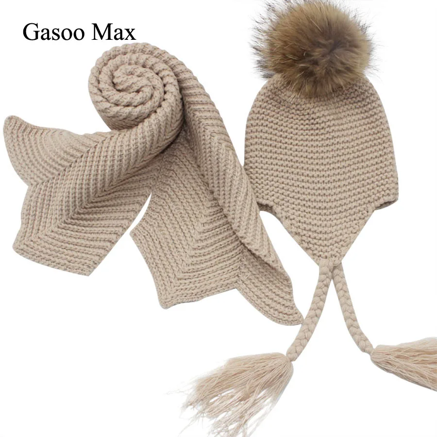 Trẻ Em Dệt Kim Khăn Mũ Bộ Sang Trọng Mùa Đông Ấm Áo Croptop Mũ Và Khăn Thật Lông Pom Beanie Mũ Khăn Choàng bé Trai Và Bé Gái