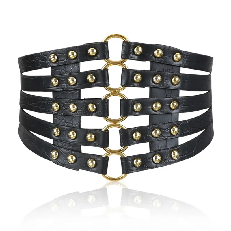 เข็มขัดคอร์เซ็ท Plus ขนาดเข็มขัดออกแบบสำหรับสุภาพสตรีกว้าง Cinturon Mujer Elastic Cummerbunds เอว Shaper Punk Rivet Ceinture ยืด