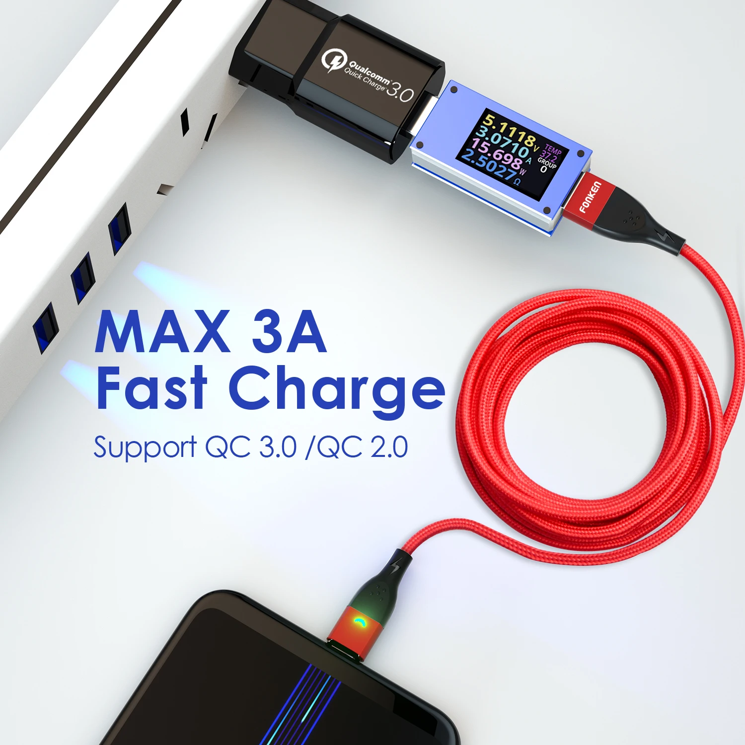 Магнитный кабель FONKEN 3A USB Магнитное зарядное устройство для телефона Шнур для передачи данных Кабель USB типа C Магнитный кабель для быстрой зарядки Провод для зарядки Micro USB