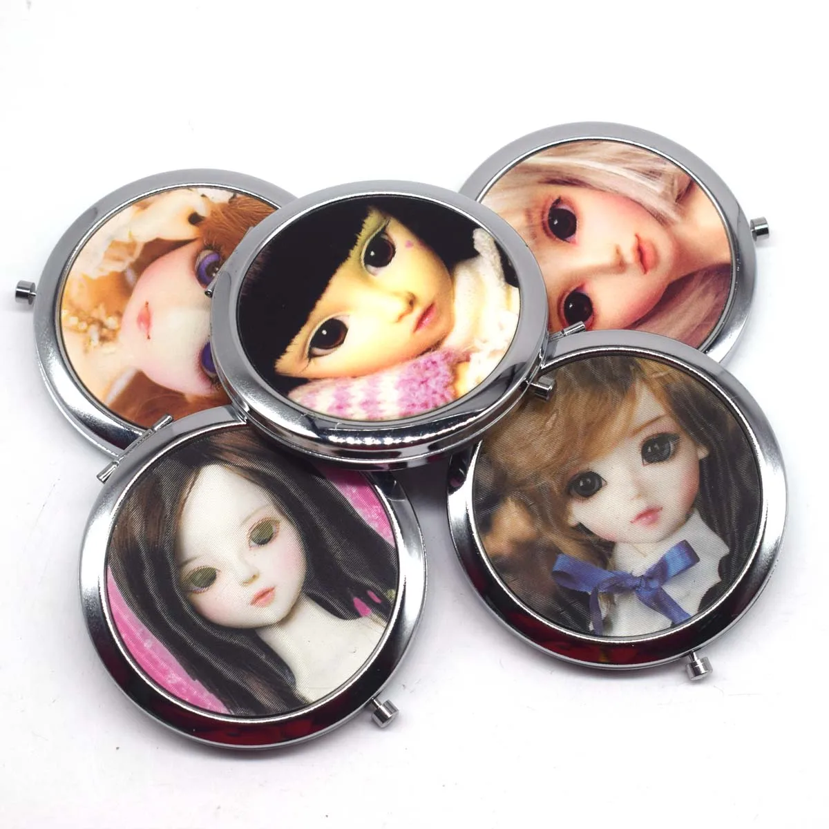 Búp Bê Gương Trang Điểm Mini Bỏ Túi Đựng Mỹ Phẩm Nhỏ Gọn Di Động Gương Kép Mặt Thép Không Gỉ Đựng Mỹ Phẩm Trang Điểm Gương