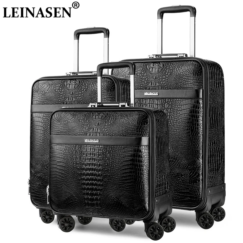 Crocodile Grain retro Mala Rolamento Bagagem Set 24 ''Negócio PU Couro Trolley Bagagem 16/20 inch Senha Malas Preto
