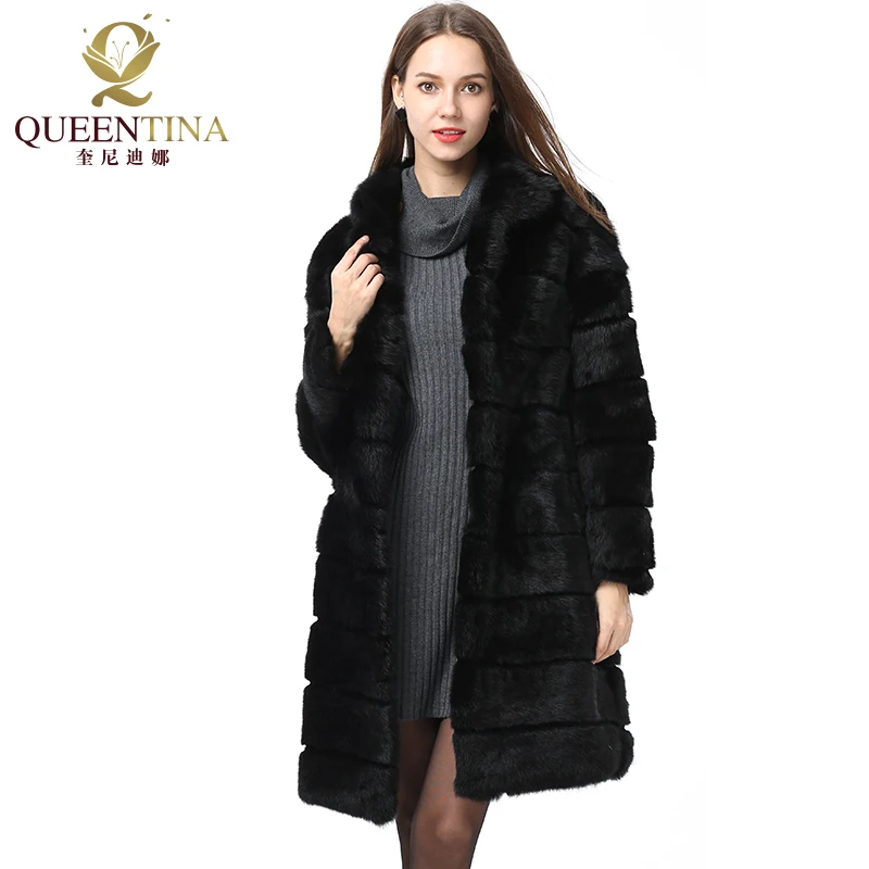 Thật Thỏ Áo Khoác Lông Thú Mới Trong Outerwears Mùa Đông 2022 Cổ Áo Đứng Dày Mềm Mại Ấm Quần Áo Nữ Full Bóp Dài Tự Nhiên áo Khoác Nỉ