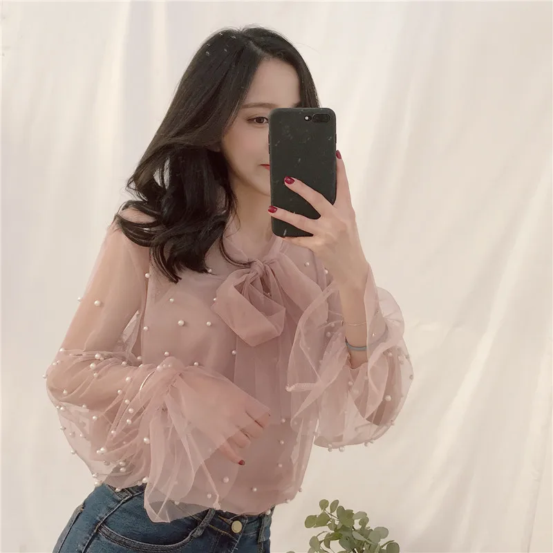 투피스 여성 메쉬 블라우스 솔리드 캐주얼 타이 보우 레이스 셔츠, 여성 구슬 긴 소매 블라우스 보터밍 셔츠 + 탱크 탑 AB799