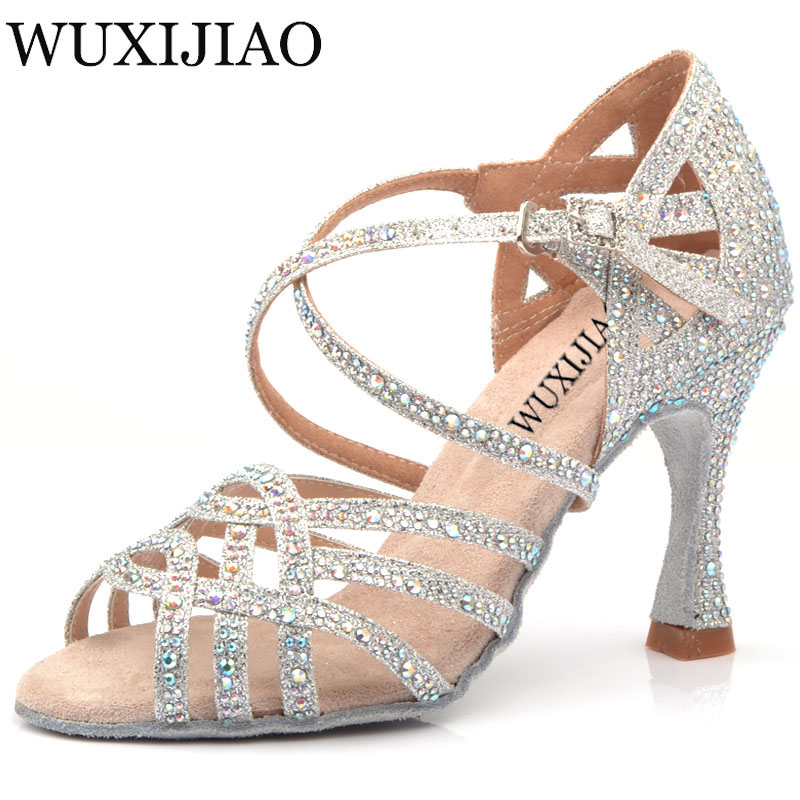 WUXIJIAO, zapatos de baile latino con diamantes de imitación plateados y azules, zapatos de salón para mujer, zapatos de tacón alto con perlas de 9cm, zapatos con Software de vals, gran oferta