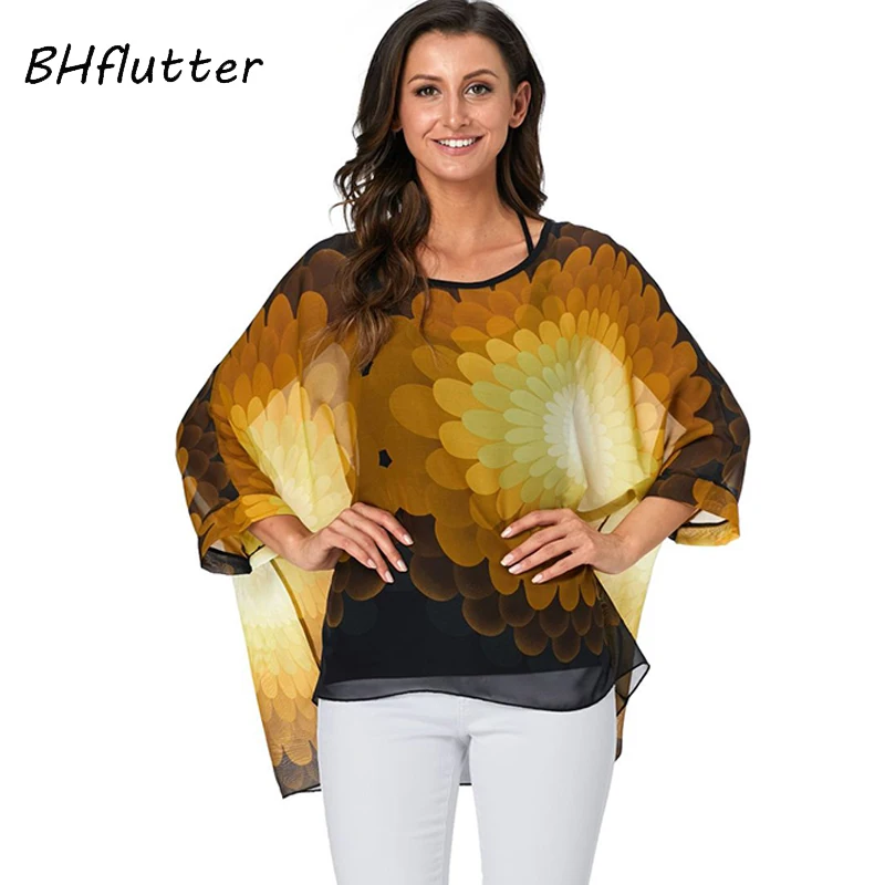 BHflutter Nữ Áo Kiểu Plus Kích Thước 2019 Phong Cách Mới Cánh Dơi Thường Ngày Mùa Hè Áo Sơ Mi Người Phụ Nữ Boho Áo Sơ Mi Voan Áo Chemise Femme