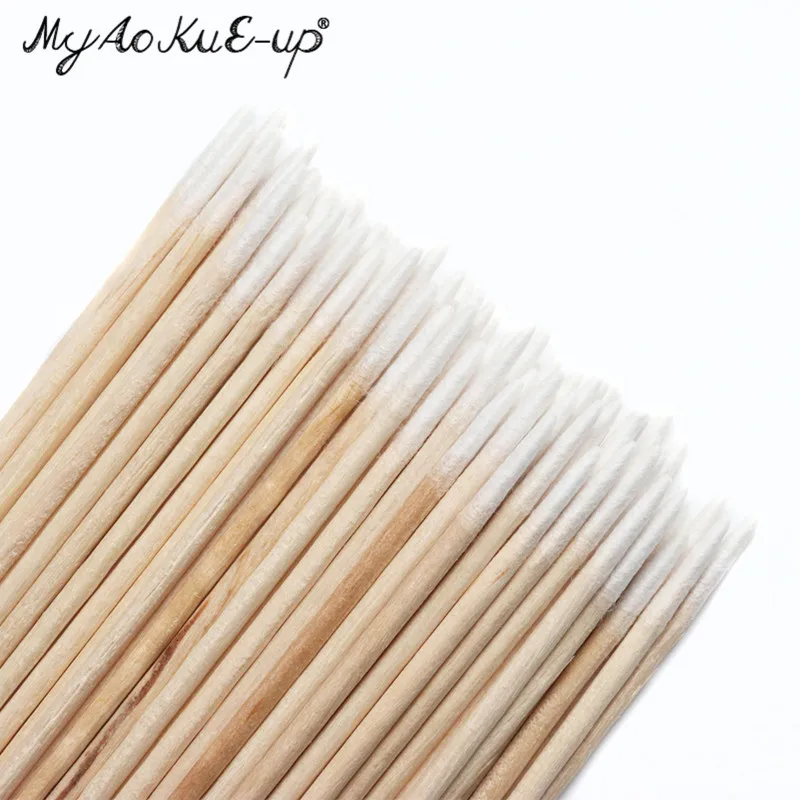 300 ชิ้นทิ้งขนาดเล็กผ้าฝ้าย Swab Lint ฟรี Micro แปรงไม้ Cotton Buds Swabs Eyelash Extension กาวถอดเครื่องมือ