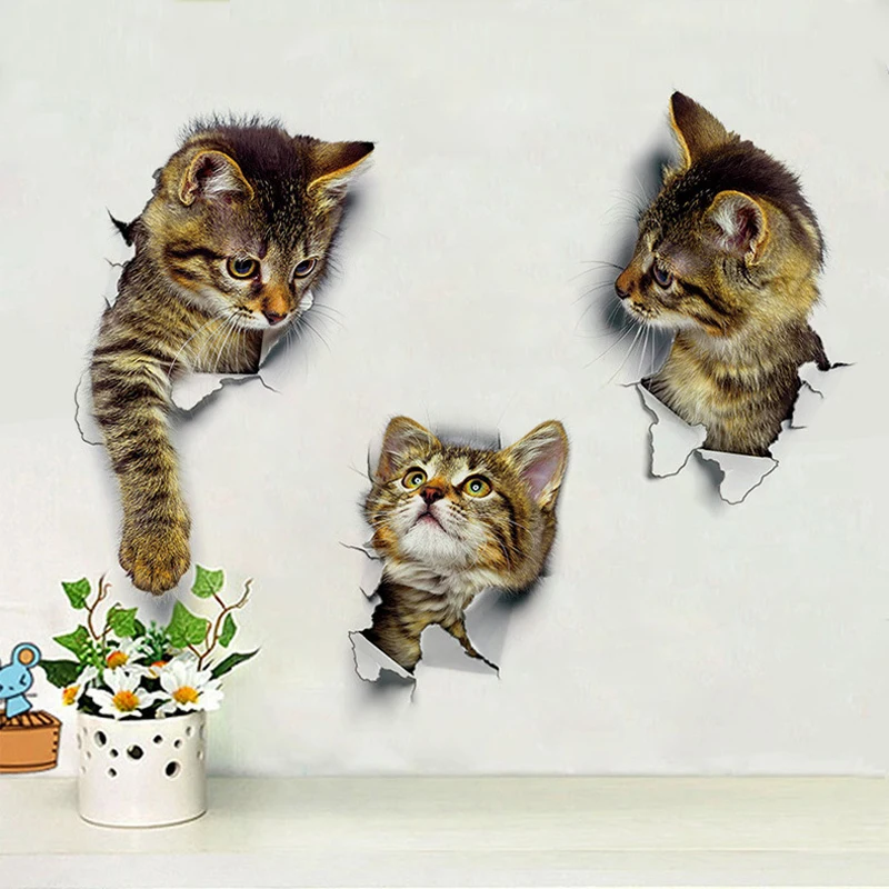 3D Mèo Decal Dán Tường Lỗ Quan Điểm Nhà Tắm Trang Trí Phòng Khách Trang Trí Nhà Động Vật Vinyl Decal Nghệ Thuật Poster Dễ Thương Vệ Sinh Miếng Dán