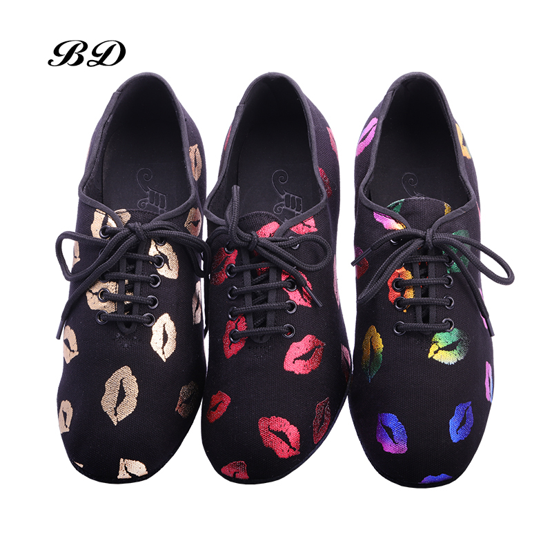 Turnschuhe Latin Dance Schuhe Frauen Echte BD t1 Lehrer Schuh Leinwand Schwarz Ferse 4,5 cm Männlich Weiblich Rote Lippen Oxford tuch Kostenlose Taschen