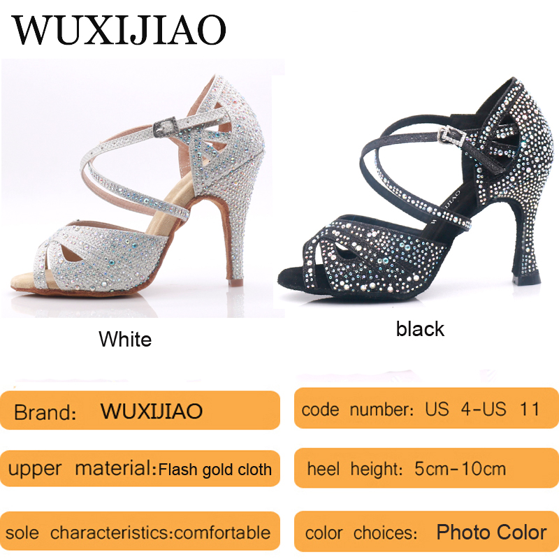WUXIJIAO heißer schwarz-weißer Flash-Stoff Damen-Latin-Tanzschuhe Ballsaal-Tanzschuhe Party Square Dance-Schuhe weicher Absatz 7,5 cm