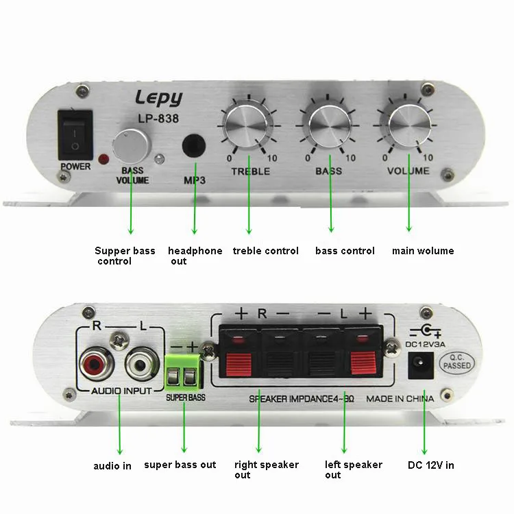 Mit 12V3A Strom + Audiokabel Lepy LP-838 MINI Digital Hi-Fi Auto-Leistungsverstärker 2.1CH Digital Subwoofer Stereo BASS Audio Player