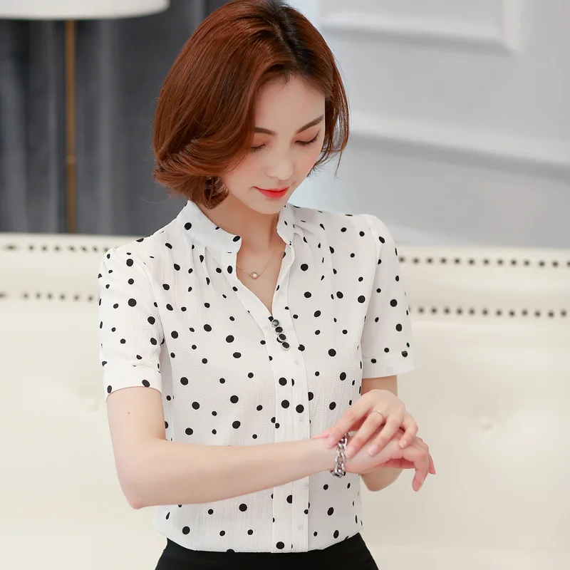 半袖シフォンブラウス女性の夏の V-襟ゆるいおしゃれなプリントボトムシャツオフィスレディースワークトップ服 h9023