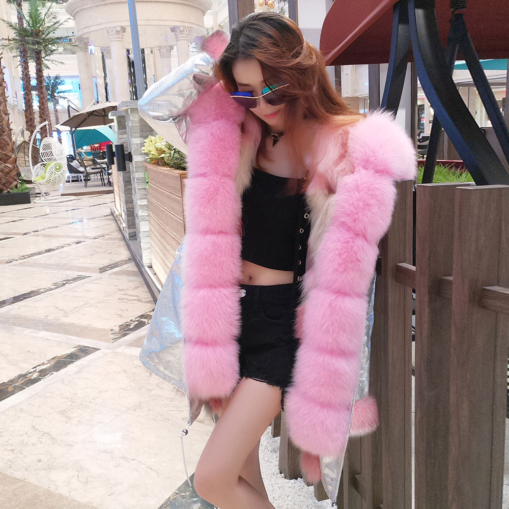 Maomaokong-女性用の厚手の冬用ジャケット,ピンクの毛皮の襟付きの長くて厚いコート