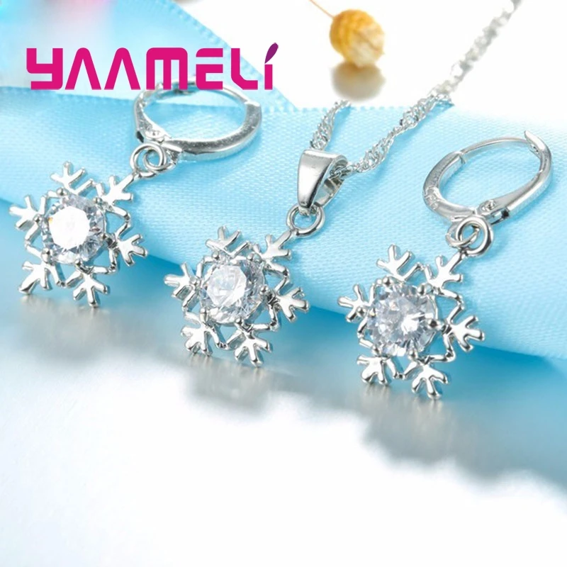 เกล็ดหิมะที่ผ่านการรับรองผู้หญิง 925 เงินสเตอร์ลิงชุดเครื่องประดับZircon CZคริสตัลจี้สร้อยคอต่างหูของขวัญParty