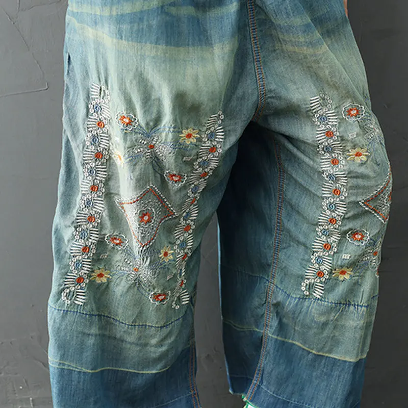 Monos vaqueros bordados para mujer, peto informal de pierna ancha, pantalones vaqueros, tirantes de talla grande