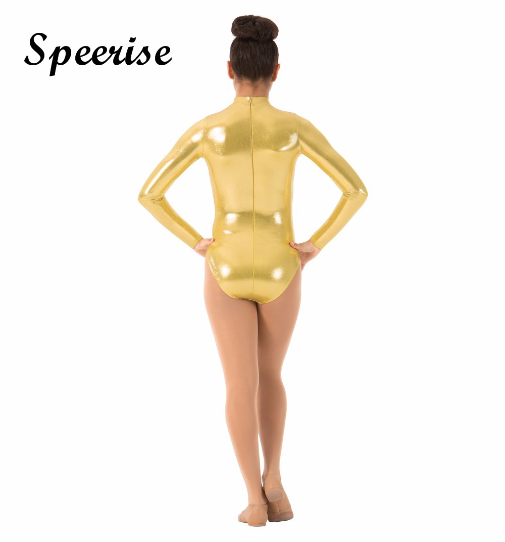 Speerise Silberner Rollkragenpullover für Erwachsene, glänzendes Gymnastik-Trikot, Kostüme, Ballett, Tanz, langärmlig, mit Reißverschluss, metallisches Tank-Trikot