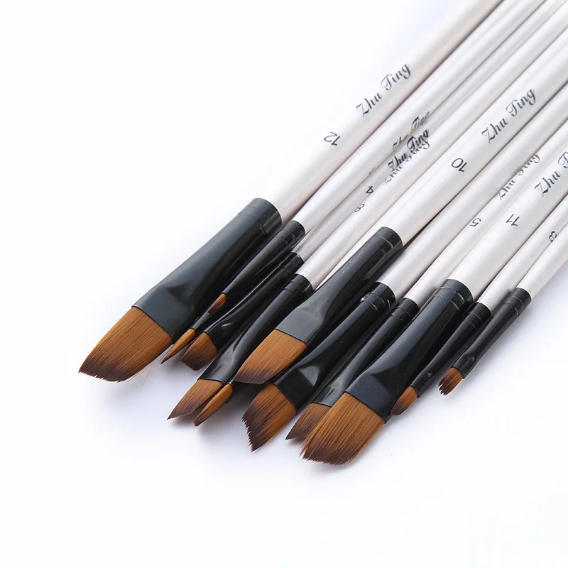 12 ชิ้น/เซ็ตไนลอนไม้ Handle สีน้ําแปรงชุดปากกาการเรียนรู้ DIY น้ํามันอะคริลิคภาพวาด Art Paint แปรงอุปกรณ์