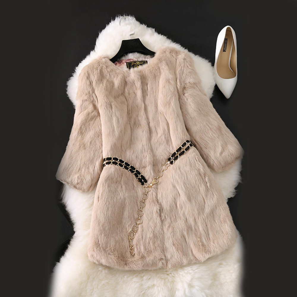 New Natural Real Rabbit Fur Long Coat Winter Real Rabbit Fur Jacket Korean Female Three Quarter Sleeve Soft Real Fur Coats