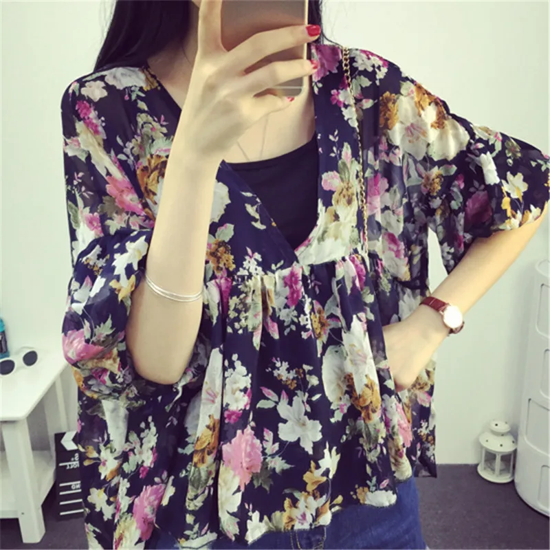 女性花柄ブラウスカジュアル V ネックシフォンブラウスランタンスリーブフリルシャツ不規則な Blusas トップスプラスサイズ A1338
