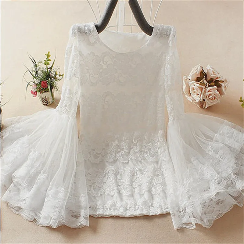 Chemisier mi-long en maille évidée pour femme, chemise à fond, manches évasées pour femme, chemisiers en dentelle, court, doux, printemps, automne, 2018, Y-A852
