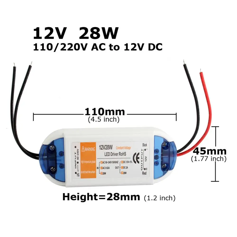 DC 12V LED Driver 12 Volt Power Supply 18W 28W 48W 72W 100W Power Adapter 110V/220V to 12V Lighting Transformer for Strip Light